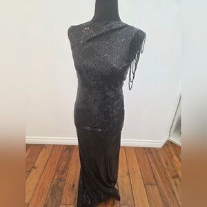 Giffniseti One Shouldrr Elegant Black Sequin Evening Dress LARGE